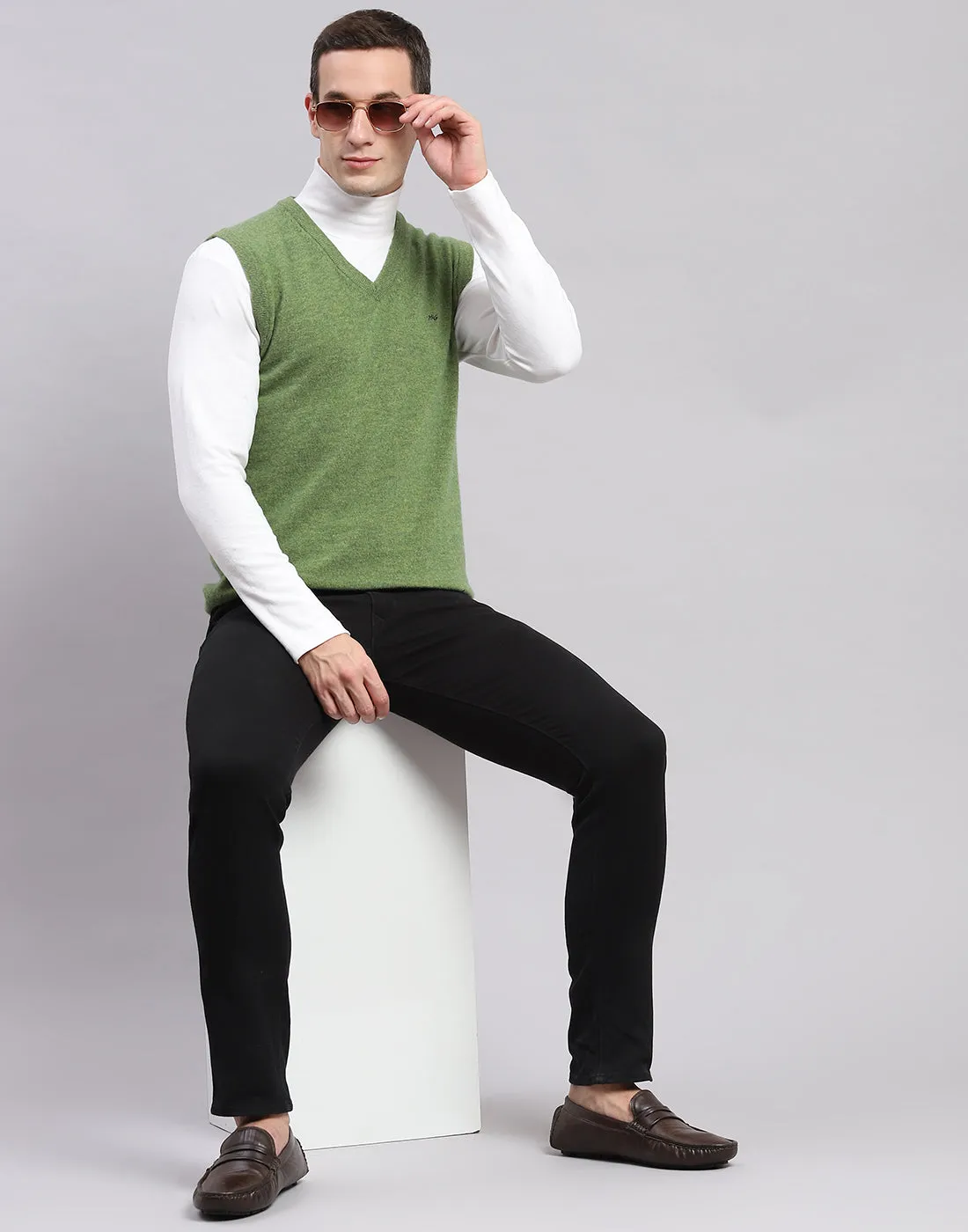 Men Green Solid V Neck Sleeveless Sweater sold by Monte Carlo product image thumbnail 2