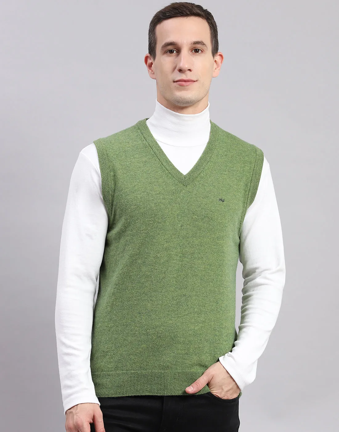 Men Green Solid V Neck Sleeveless Sweater sold by Monte Carlo product image thumbnail 3
