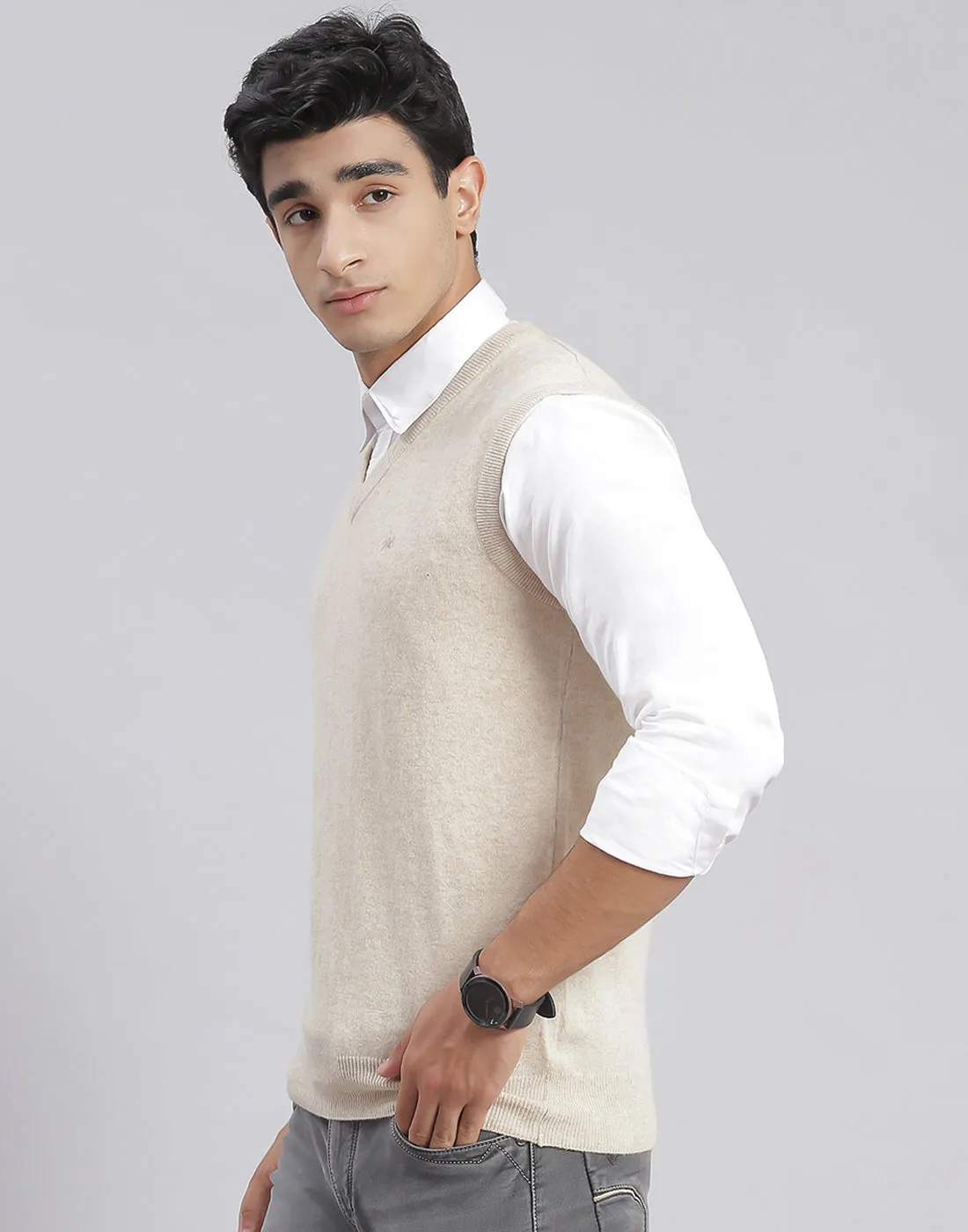 Men Cream Solid V Neck Sleeveless Sweater sold by Monte Carlo product image thumbnail 4