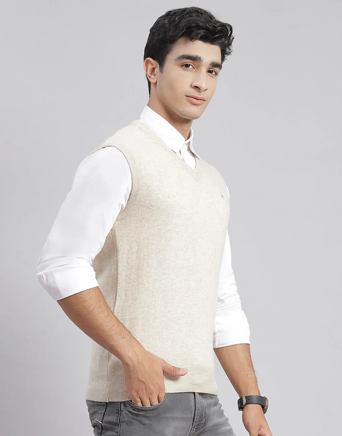 Men Cream Solid V Neck Sleeveless Sweater sold by Monte Carlo product image thumbnail 5