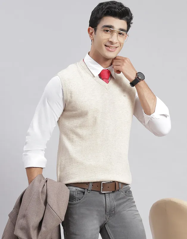 Men Cream Solid V Neck Sleeveless Sweater made by Monte Carlo