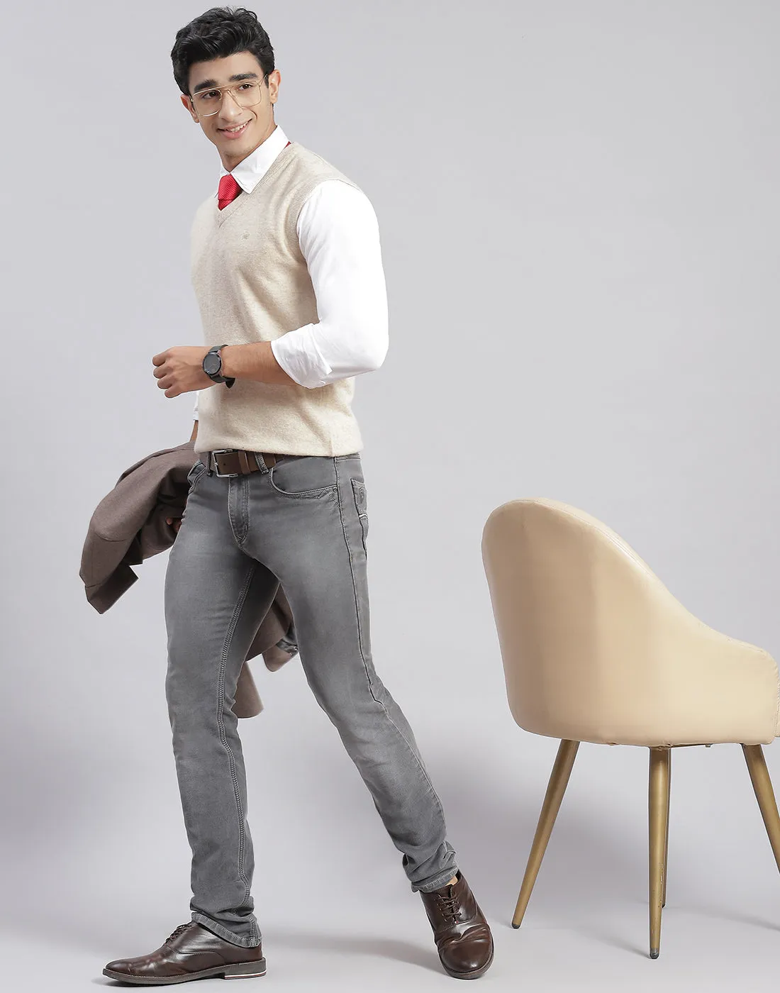 Men Cream Solid V Neck Sleeveless Sweater sold by Monte Carlo product image thumbnail 2