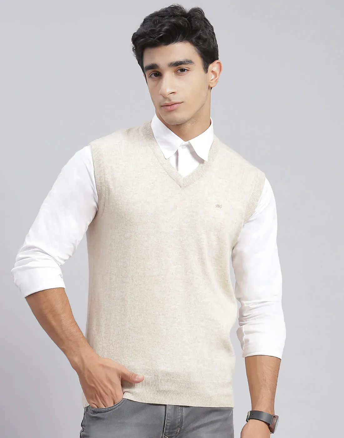 Men Cream Solid V Neck Sleeveless Sweater sold by Monte Carlo product image thumbnail 3