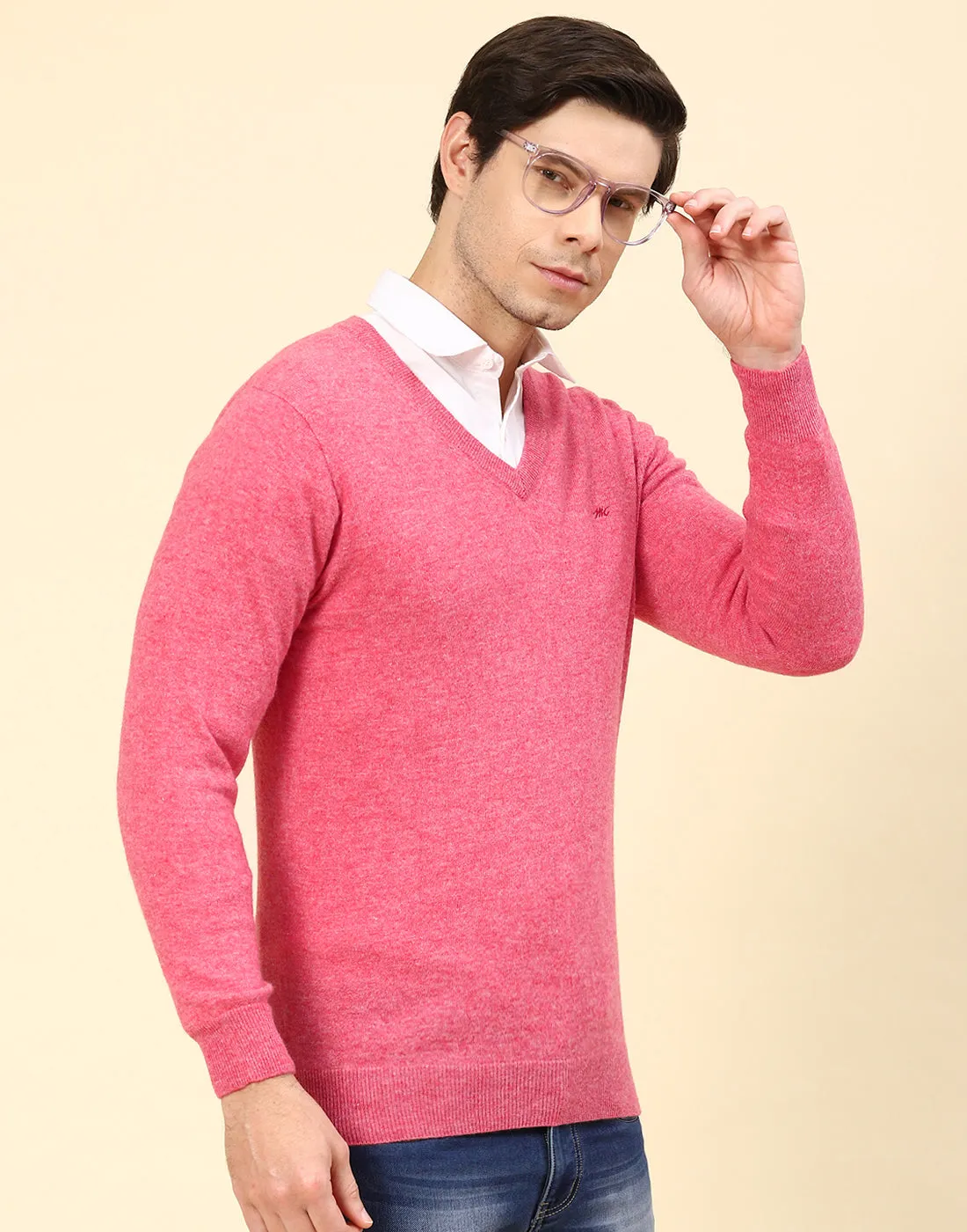 Men Pink Solid V Neck Full Sleeve Pullover sold by Monte Carlo product image thumbnail 4
