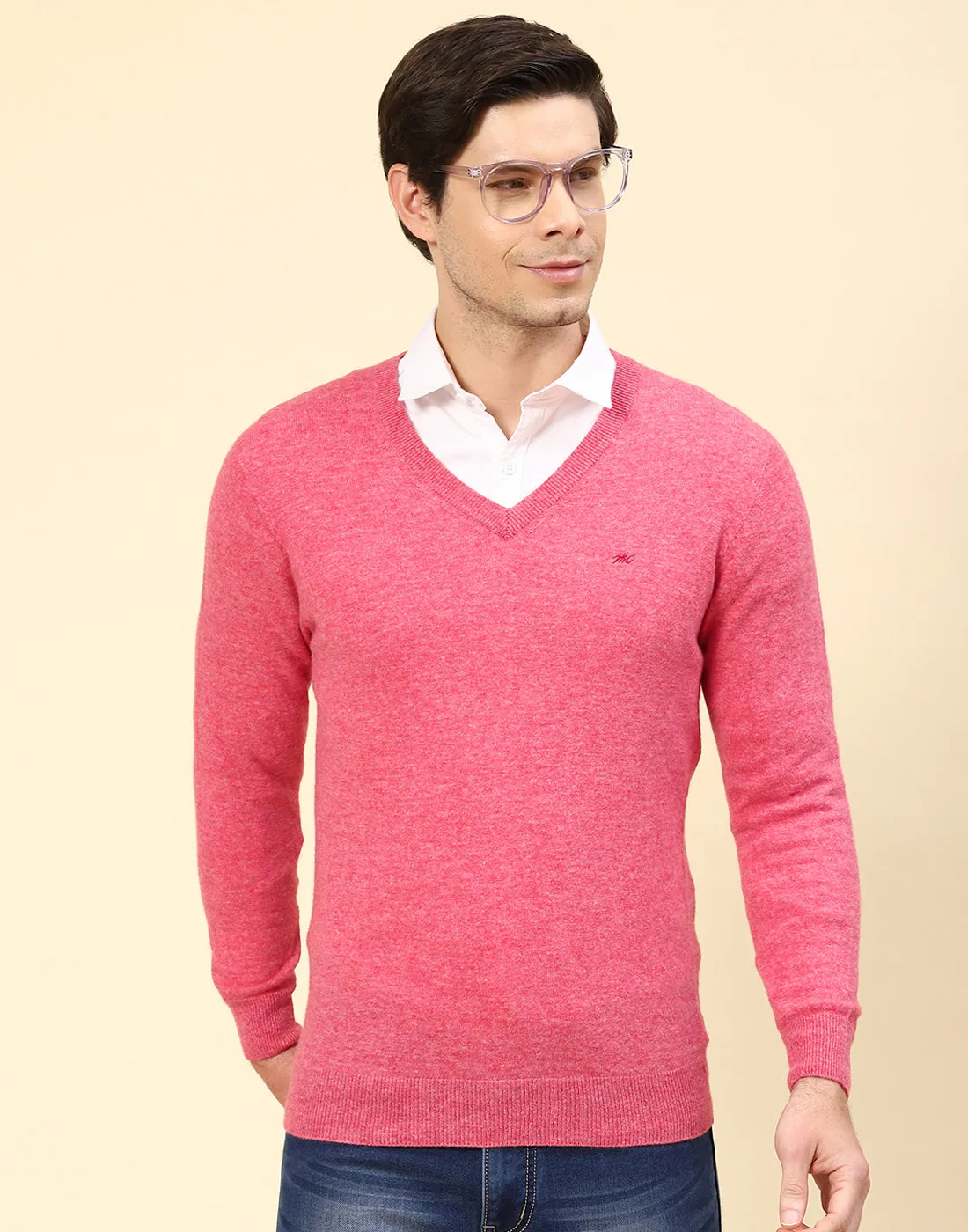 Men Pink Solid V Neck Full Sleeve Pullover sold by Monte Carlo product image thumbnail 3