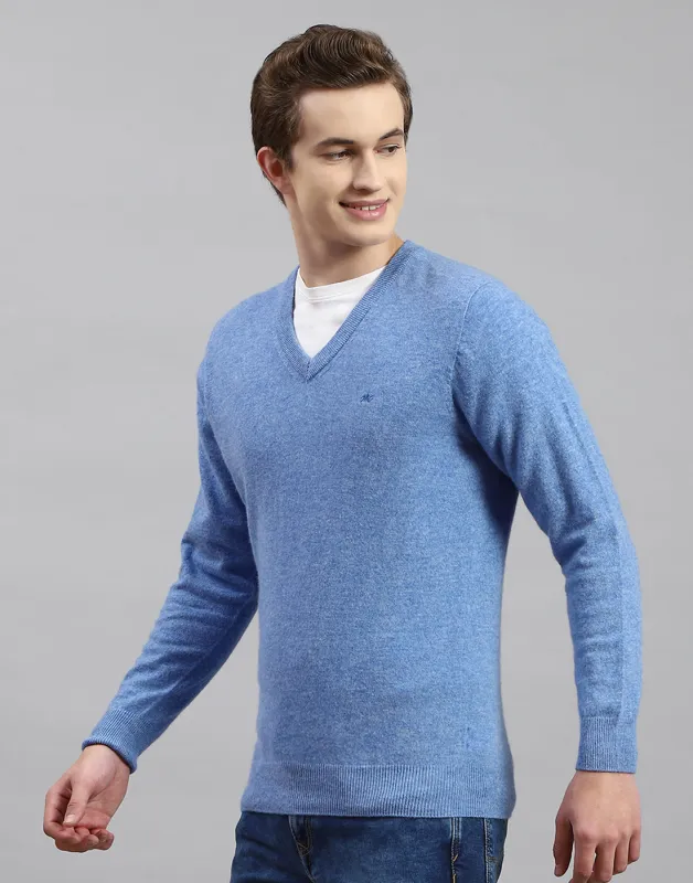 Men Blue Solid V Neck Full Sleeve Pullover made by Monte Carlo