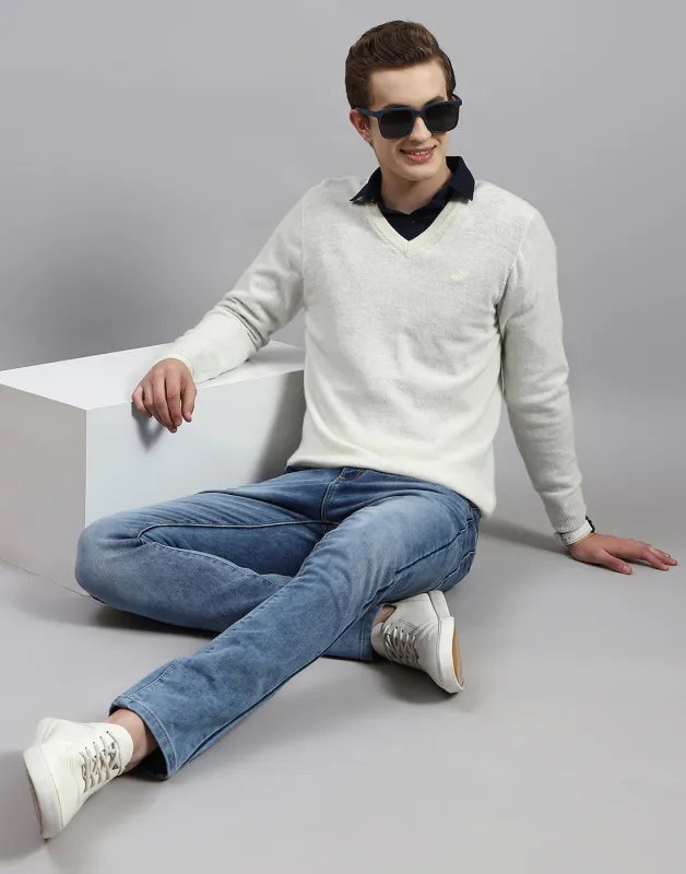 Men Off White Solid V Neck Full Sleeve Pullover sold by Monte Carlo