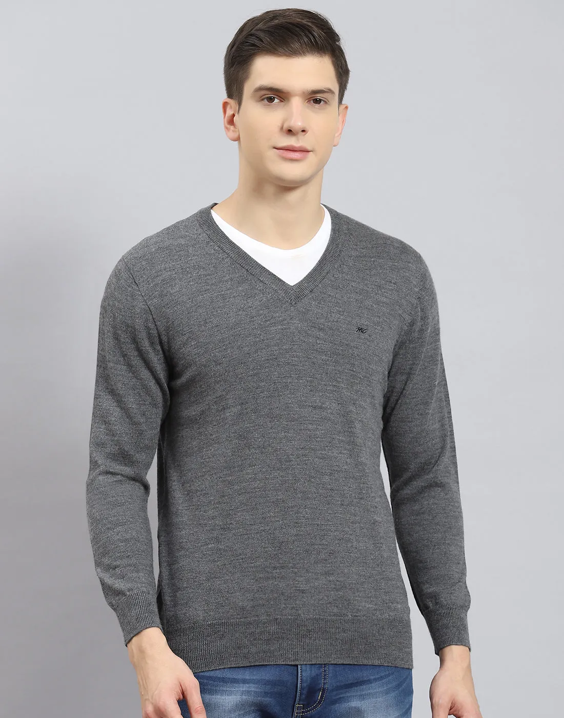 Men Grey Solid V Neck Full Sleeve Pullover sold by Monte Carlo product image thumbnail 3