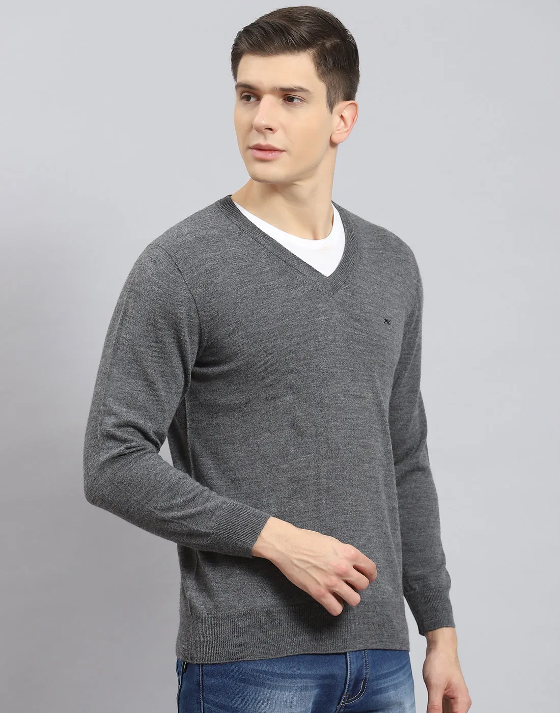 Men Grey Solid V Neck Full Sleeve Pullover sold by Monte Carlo product image thumbnail 5