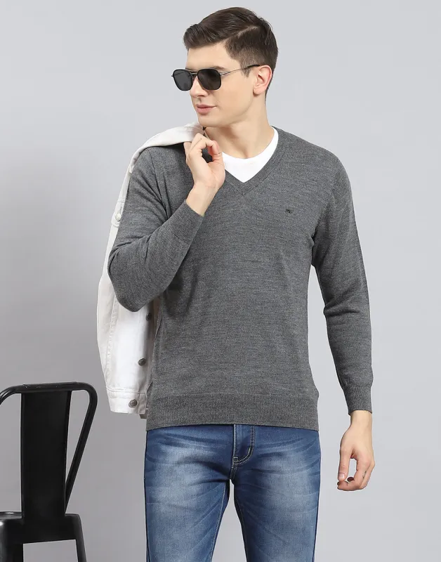 Men Grey Solid V Neck Full Sleeve Pullover sold by Monte Carlo