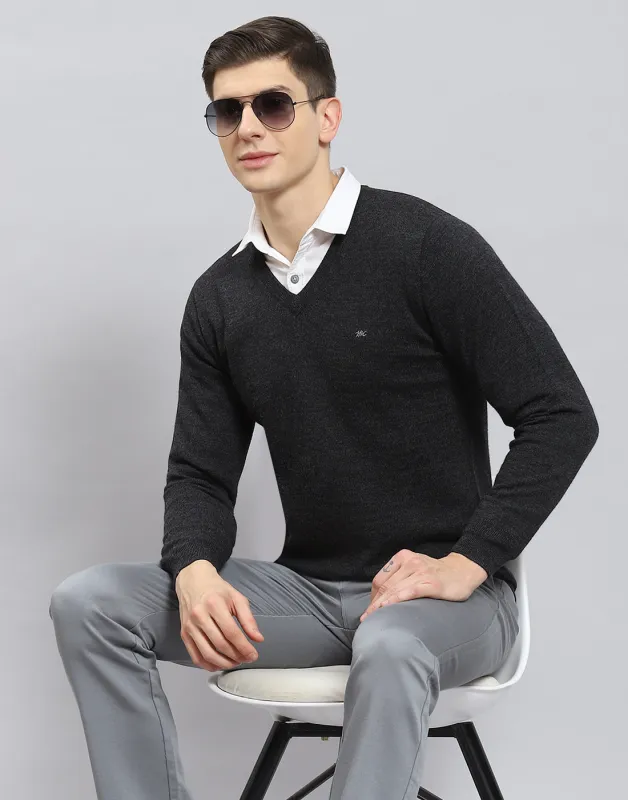 Men Grey Solid V Neck Full Sleeve Pullover made by Monte Carlo
