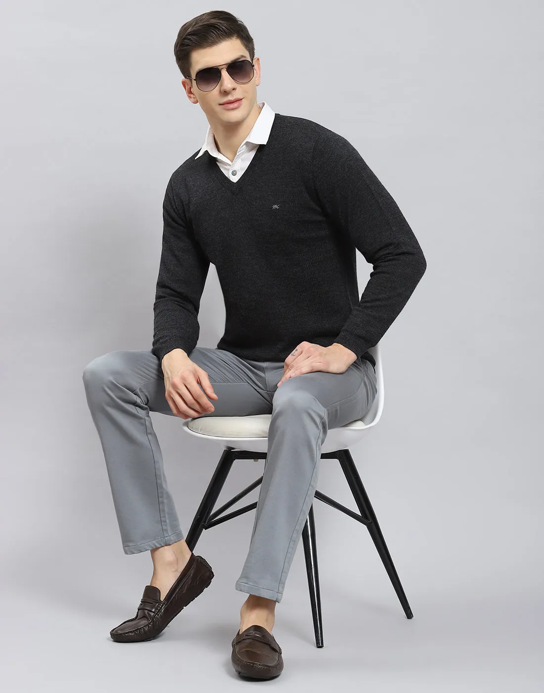 Men Grey Solid V Neck Full Sleeve Pullover sold by Monte Carlo product image thumbnail 2