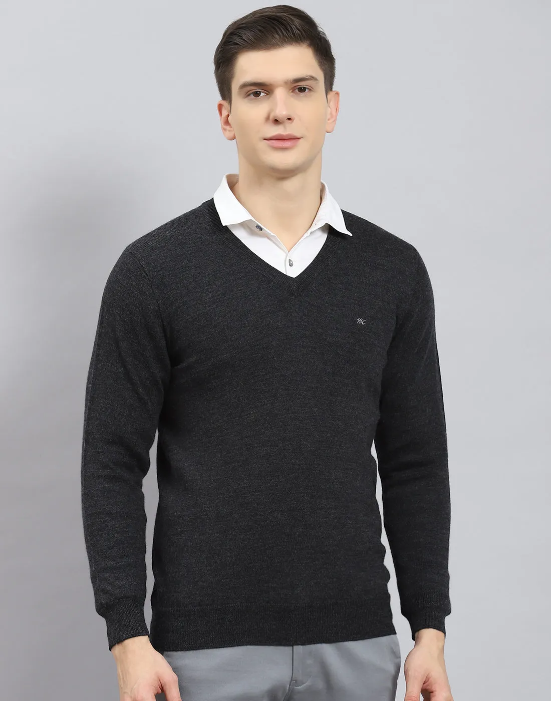 Men Grey Solid V Neck Full Sleeve Pullover sold by Monte Carlo product image thumbnail 3