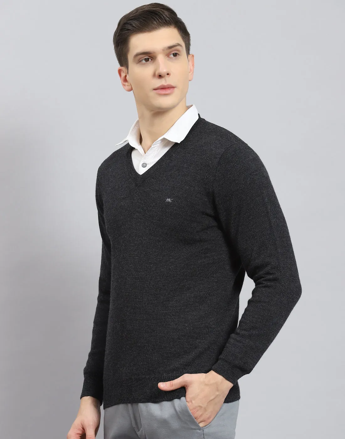 Men Grey Solid V Neck Full Sleeve Pullover sold by Monte Carlo product image thumbnail 4