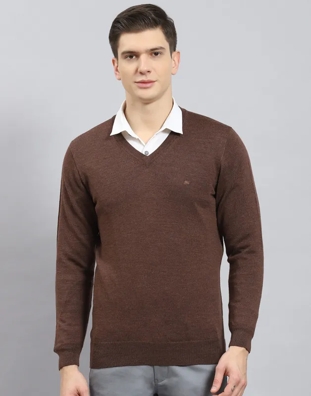 Men Brown Solid V Neck Full Sleeve Pullover made by Monte Carlo