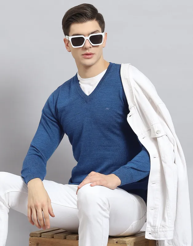 Men Blue Solid V Neck Full Sleeve Pullover made by Monte Carlo