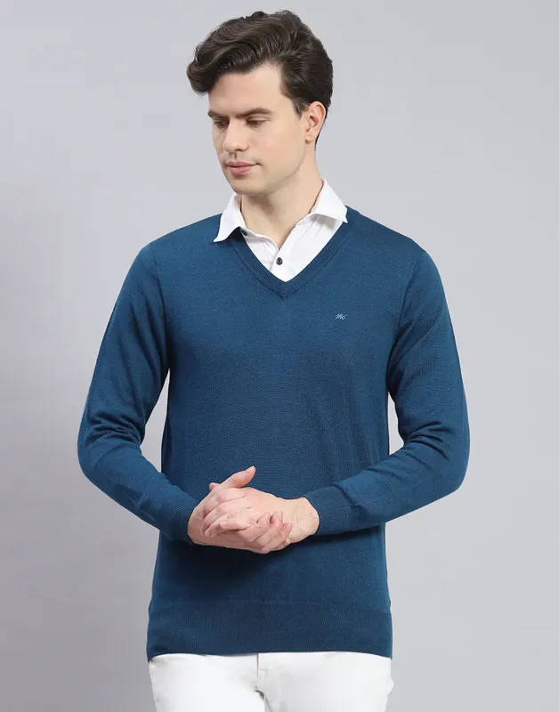 Men Teal Blue Solid V Neck Full Sleeve Pullover sold by Monte Carlo