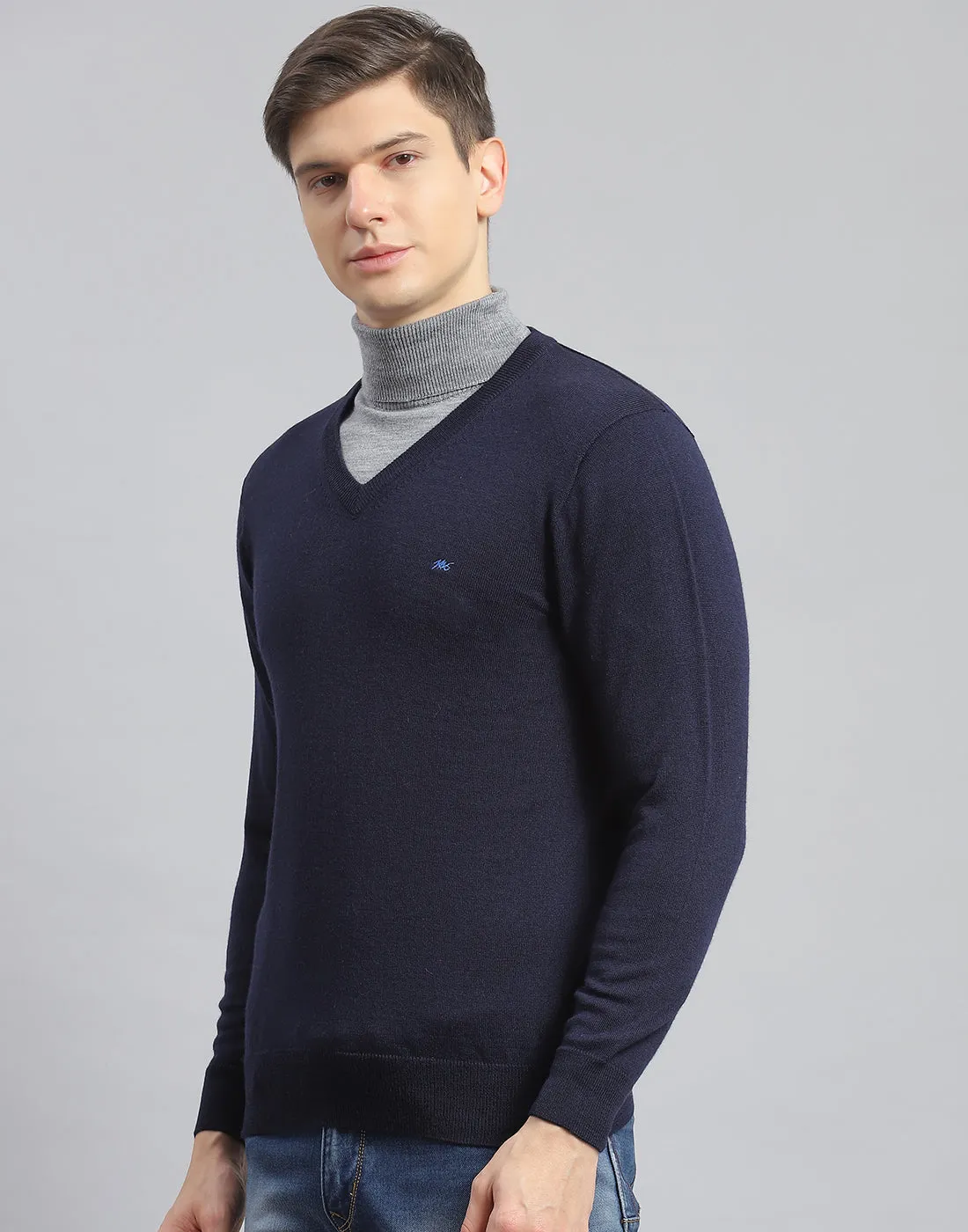 Men Navy Blue Solid V Neck Full Sleeve Pullover sold by Monte Carlo product image thumbnail 3