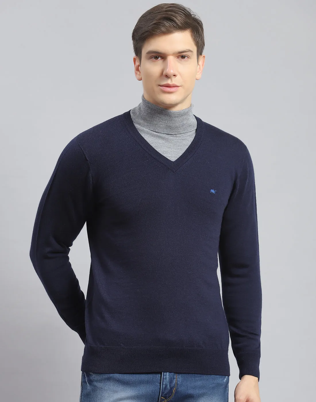 Men Navy Blue Solid V Neck Full Sleeve Pullover sold by Monte Carlo