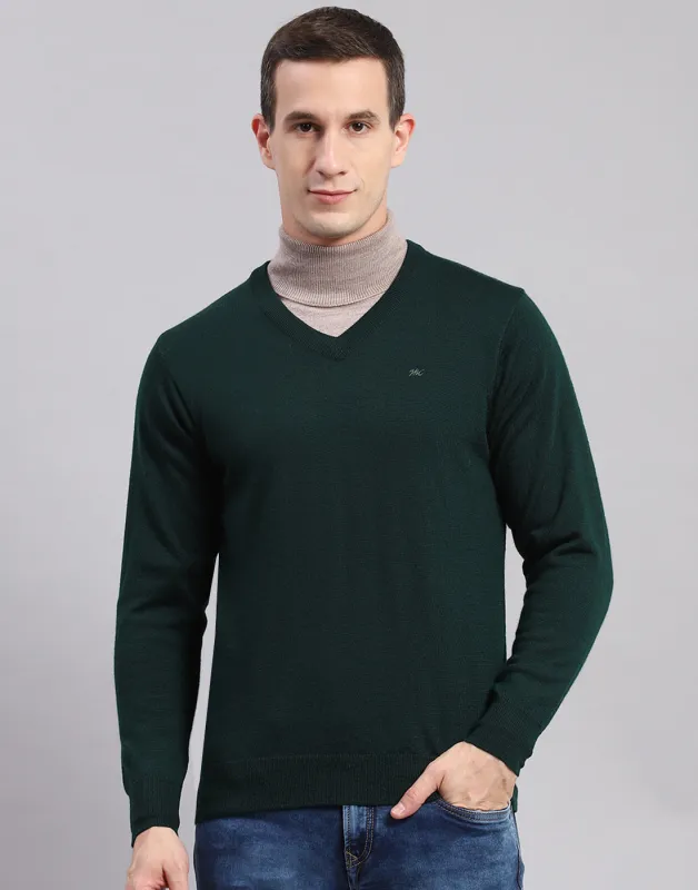 Men Green Solid V Neck Full Sleeve Pullover made by Monte Carlo