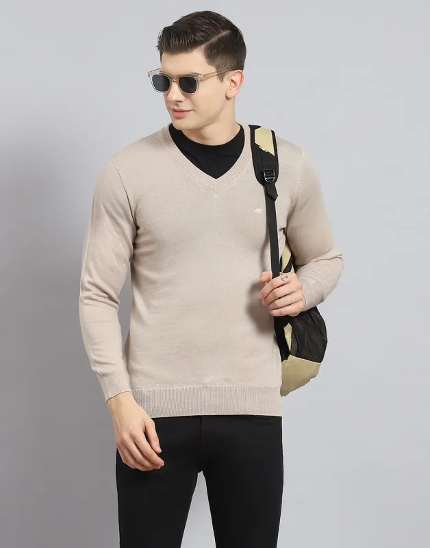 Men Beige Solid V Neck Full Sleeve Pullover sold by Monte Carlo