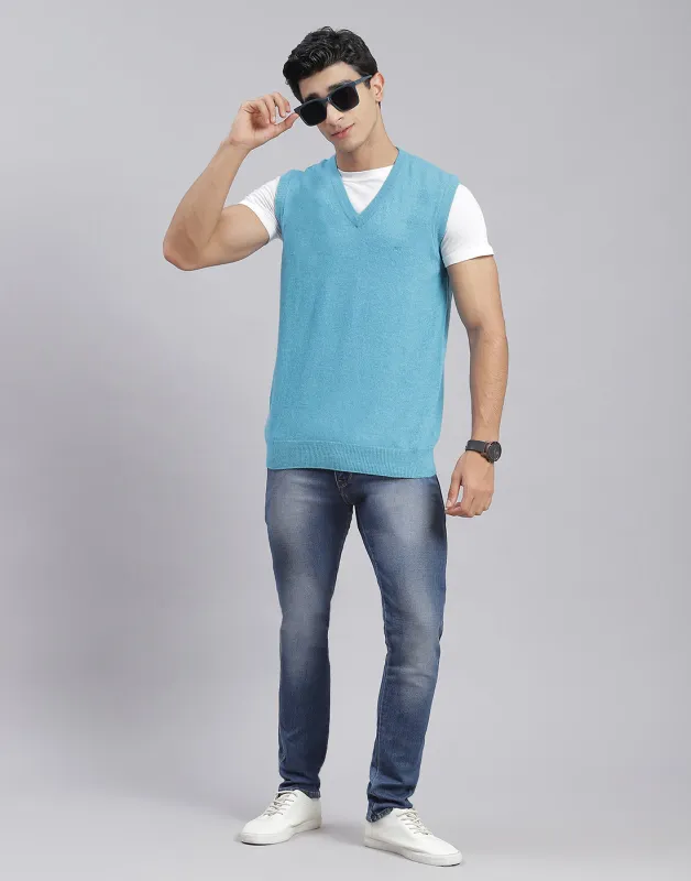 Men Blue Solid V Neck Sleeveless Pullover sold by Monte Carlo