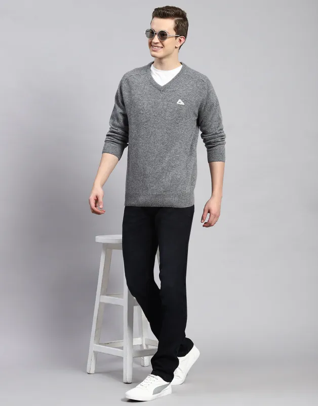 Men Grey Solid V Neck Full Sleeve Pullover made by Monte Carlo