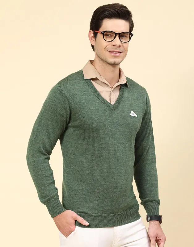 Men Green Solid V Neck Full Sleeve Pullover made by Monte Carlo