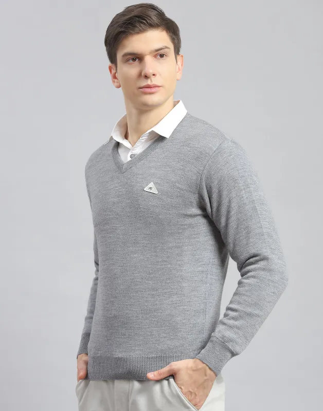 Men Grey Melange Solid V Neck Full Sleeve Pullover made by Monte Carlo