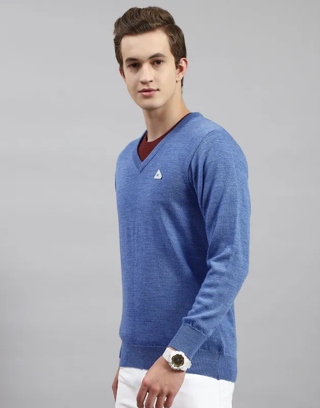 Men Blue Solid V Neck Full Sleeve Pullover made by Monte Carlo