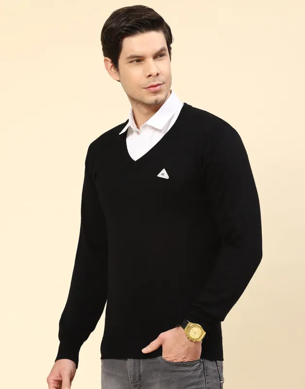 Men Black Solid V Neck Full Sleeve Pullover made by Monte Carlo