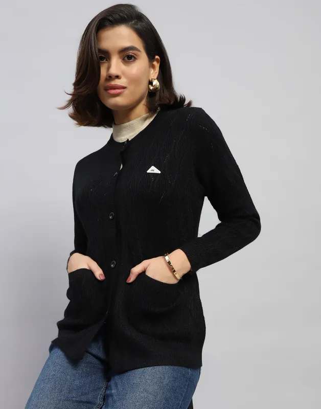 Women Black Self Design Round Neck Full Sleeve Cardigan sold by Monte Carlo