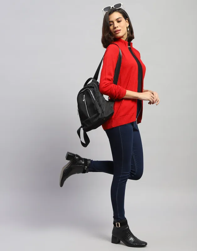 Women Red Solid High Neck Full Sleeve Cardigan sold by Monte Carlo