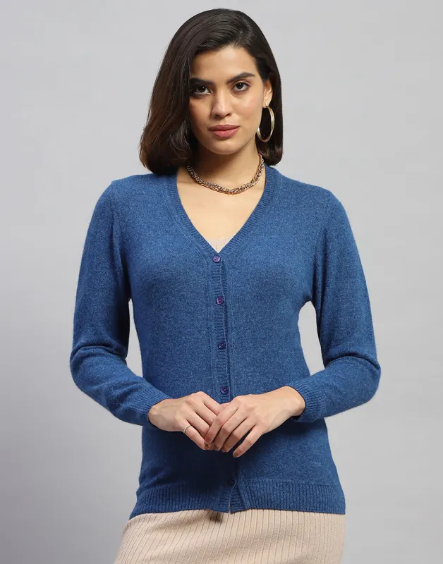 Women Blue Solid V Neck Full Sleeve Cardigan sold by Monte Carlo