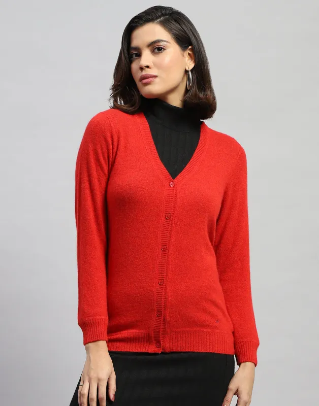 Women Red Solid V Neck Full Sleeve Cardigan sold by Monte Carlo