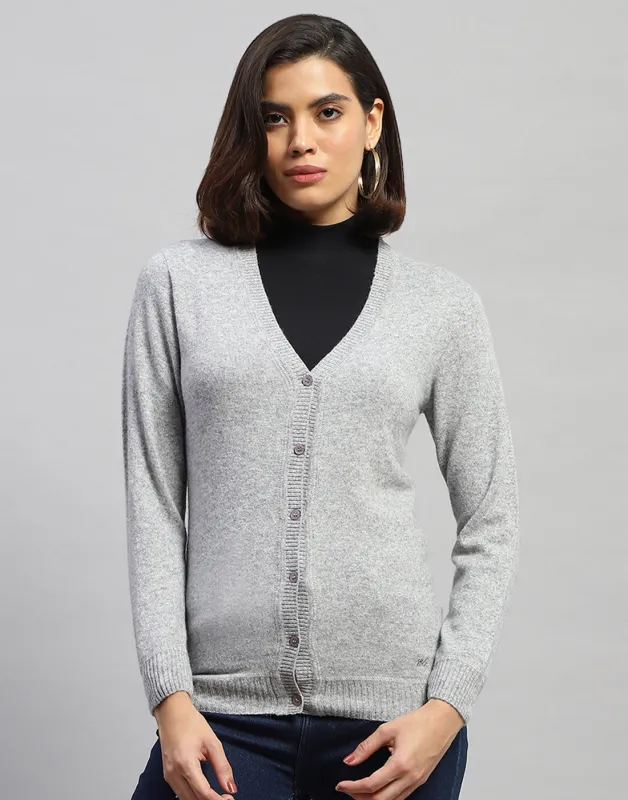 Women Grey Solid V Neck Full Sleeve Cardigan sold by Monte Carlo