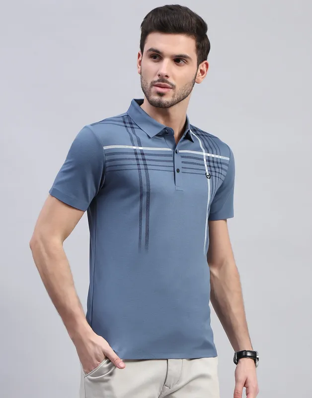 Men Blue Printed Polo Collar Half Sleeve T-Shirt made by Monte Carlo