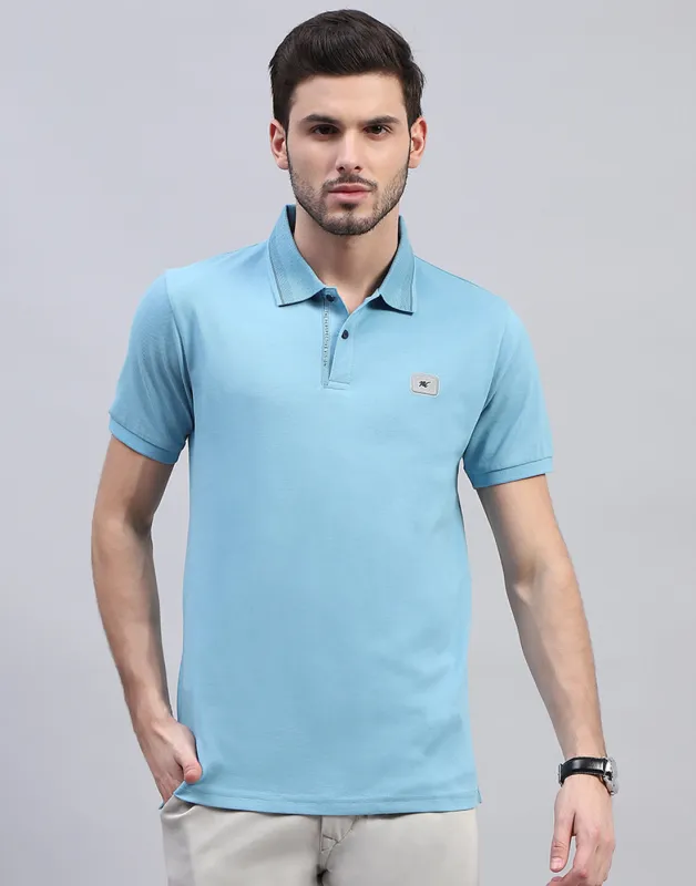 Men Sky Blue Solid Polo Collar Half Sleeve T-Shirt made by Monte Carlo