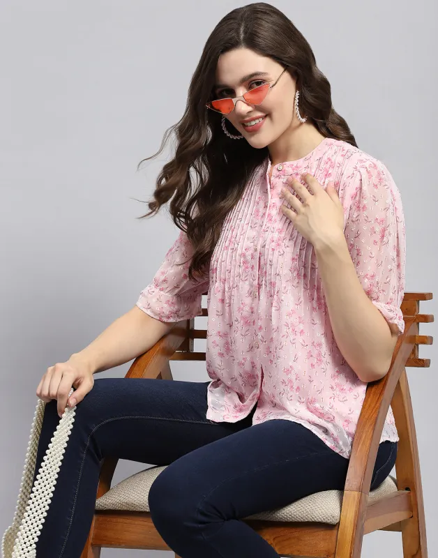 Women Pink Printed Mandarin Neck Half Sleeve Top sold by Monte Carlo