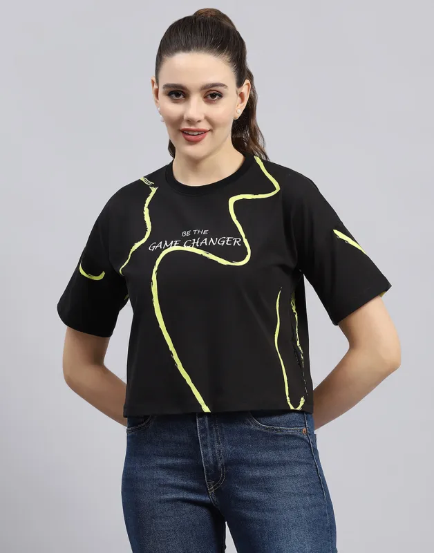 Rock.it Women Black Printed Round Neck Half Sleeve Top sold by Monte Carlo