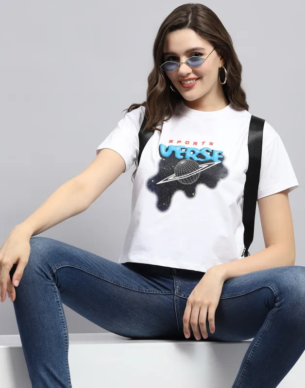 Rock.it Women White Printed Round Neck Half Sleeve Top sold by Monte Carlo