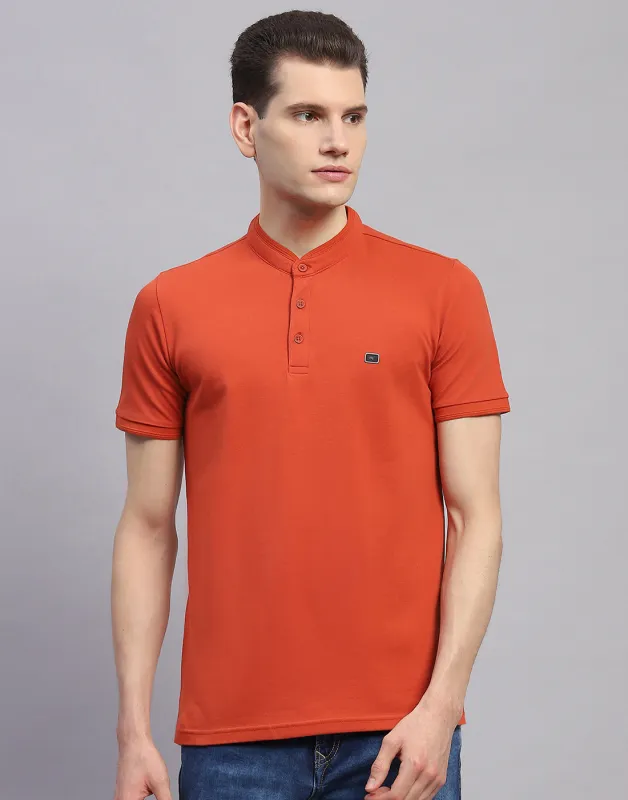 Men Orange Solid Band Collar Half Sleeve T-Shirt sold by Monte Carlo