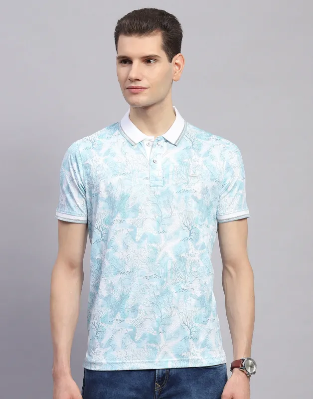 Men Sky Blue Printed Polo Collar Half Sleeve T-Shirt made by Monte Carlo