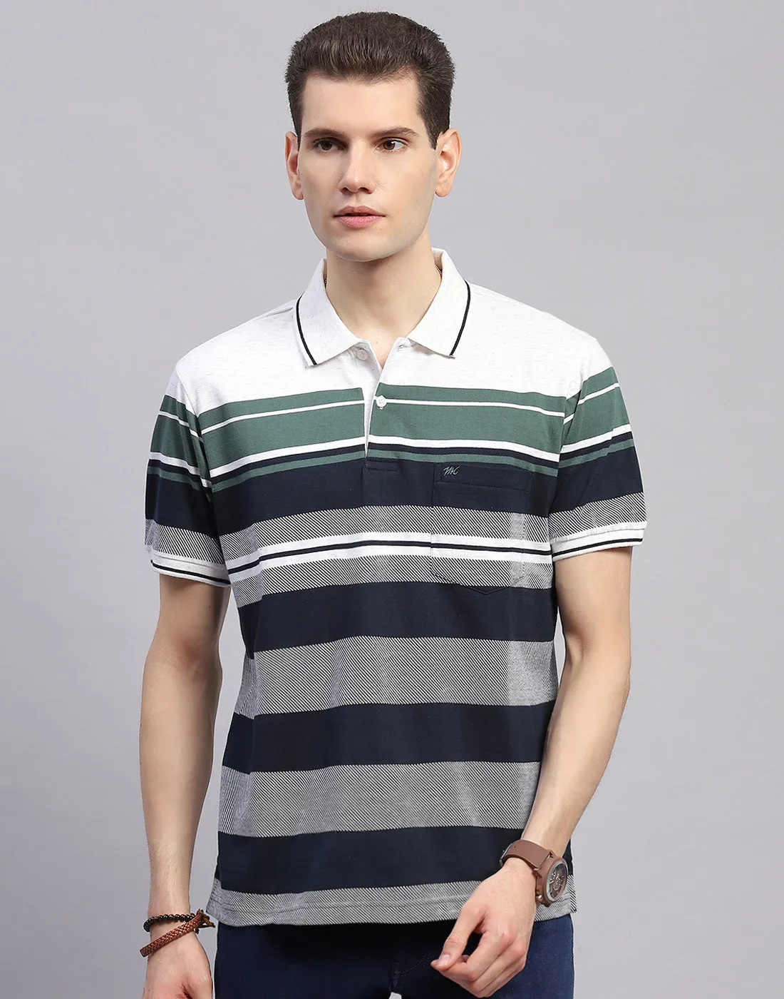 Men Navy Blue Stripe Collar Half Sleeve T-Shirt sold by Monte Carlo