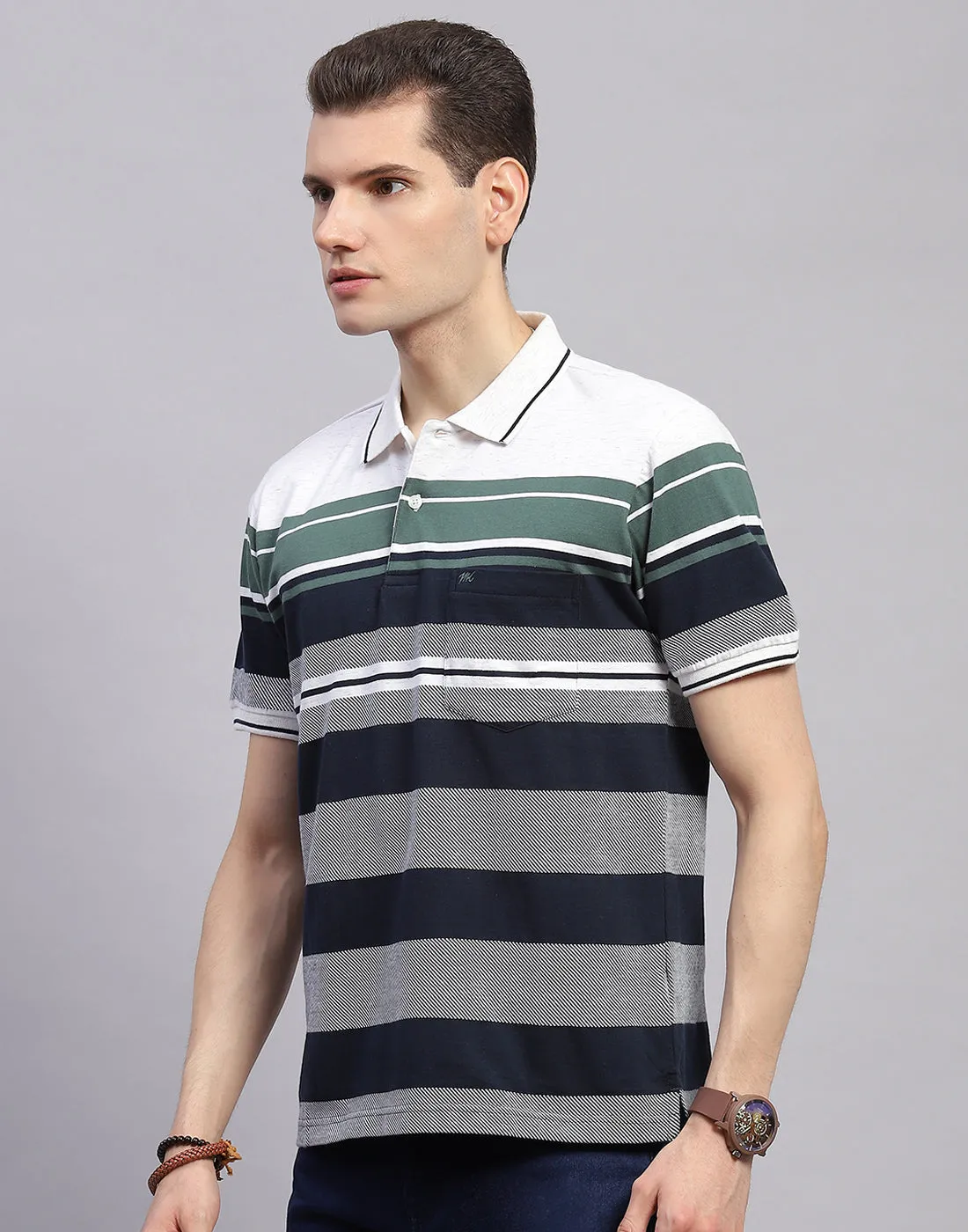 Men Navy Blue Stripe Collar Half Sleeve T-Shirt sold by Monte Carlo product image thumbnail 3