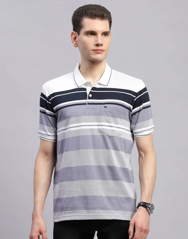Men Navy Blue Stripe Collar Half Sleeve T-Shirt made by Monte Carlo