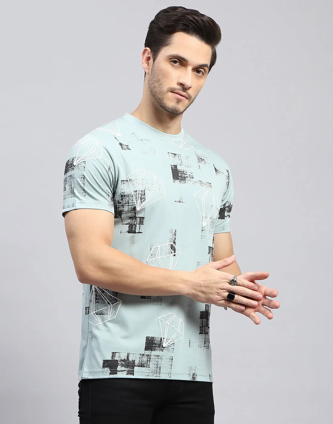 Men Sky Blue Printed Round Neck Half Sleeve T-Shirt sold by Monte Carlo product image thumbnail 4