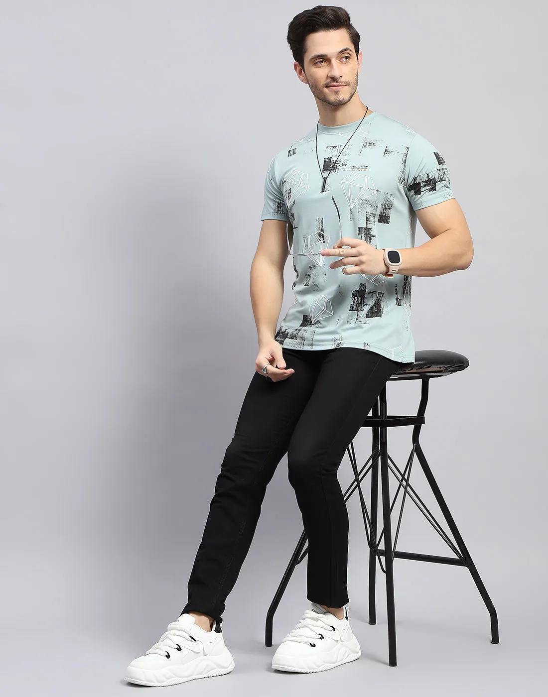 Men Sky Blue Printed Round Neck Half Sleeve T-Shirt sold by Monte Carlo product image thumbnail 2