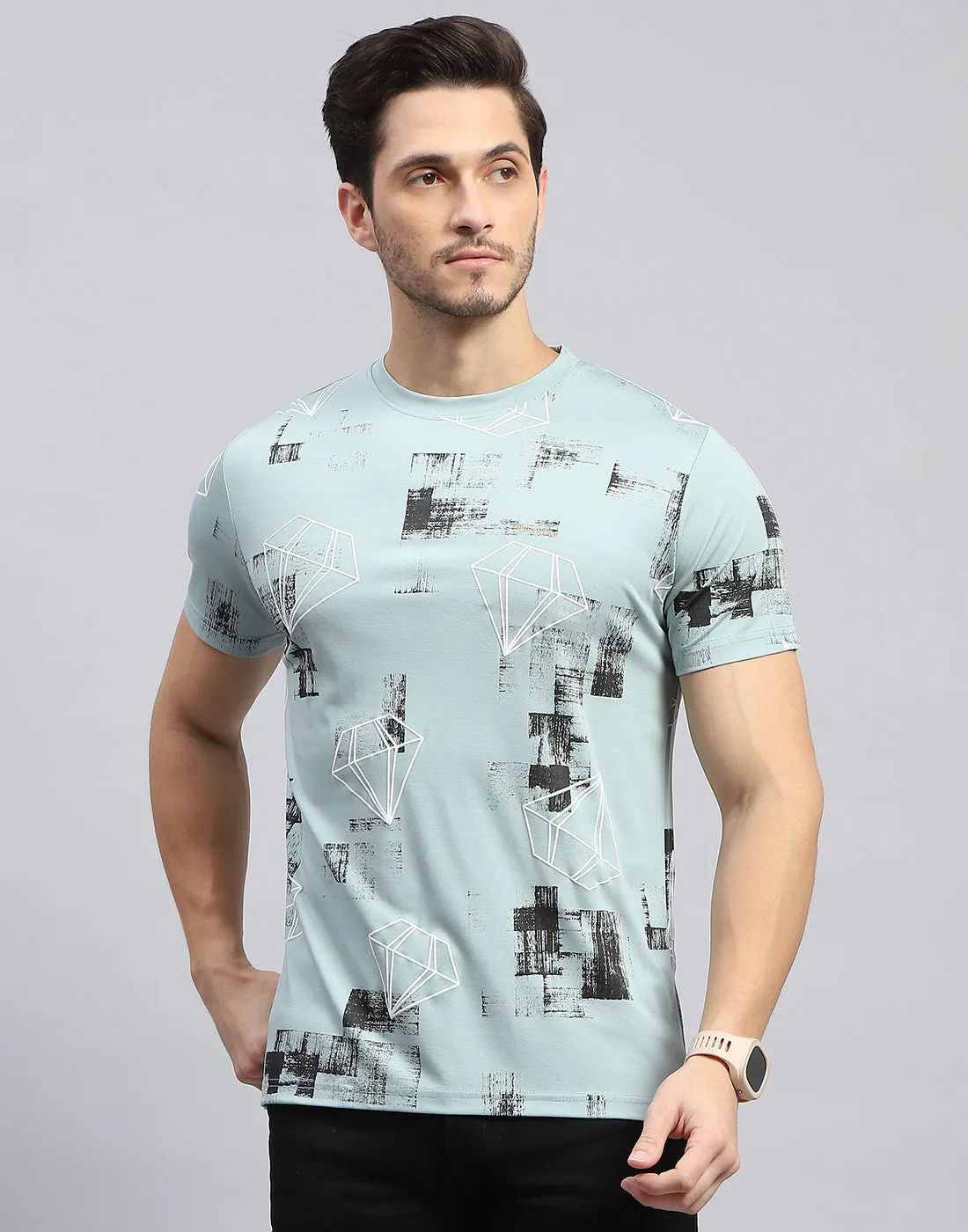 Men Sky Blue Printed Round Neck Half Sleeve T-Shirt sold by Monte Carlo