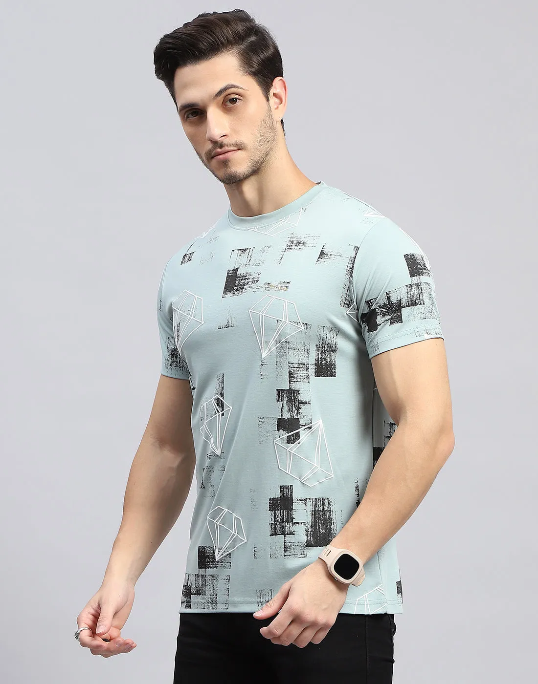 Men Sky Blue Printed Round Neck Half Sleeve T-Shirt sold by Monte Carlo product image thumbnail 3